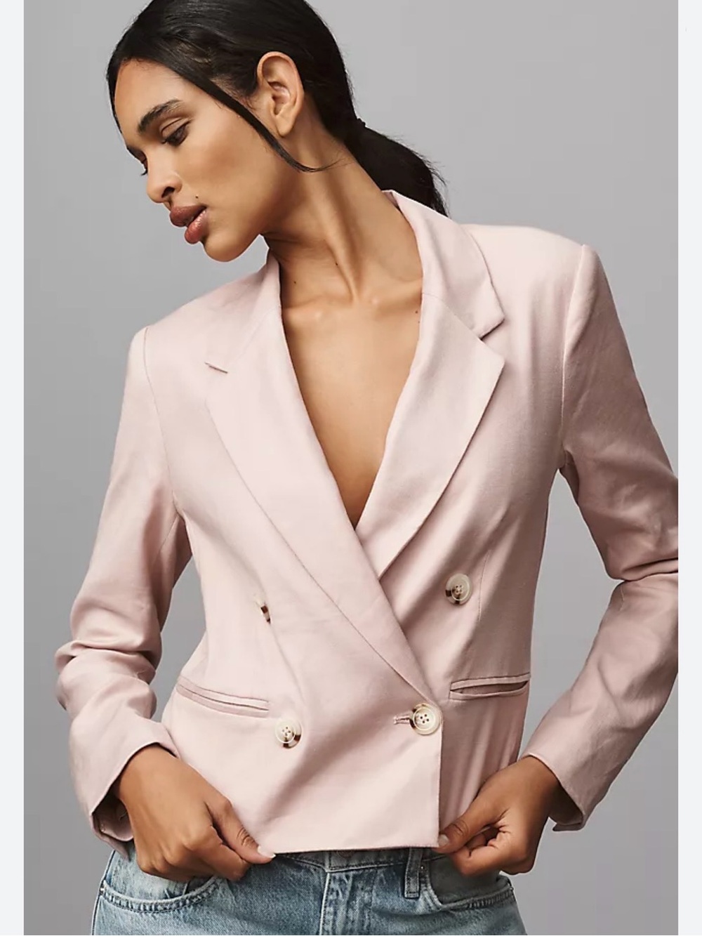 Maeve XXS Pink Linen Slim Blazer ~ Double Breasted Capsule Minimalist Anthro